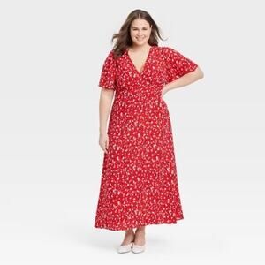 A New Day EUC Women's Short Sleeve Maxi Sundress Red Floral Size 17
